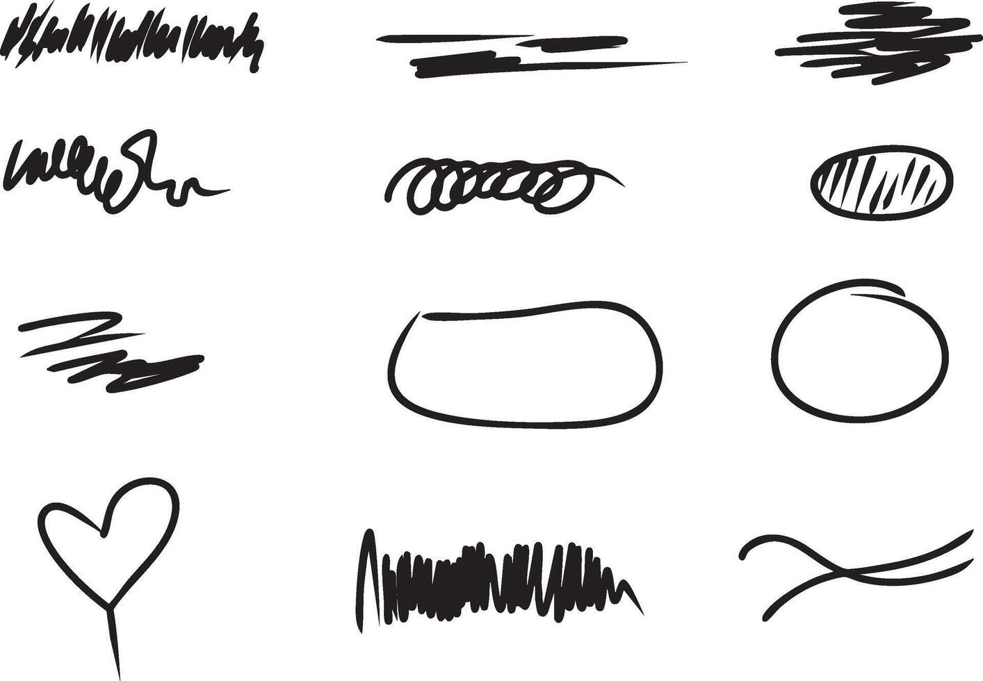 Set of black scribbles and doodles, including various shapes, lines, and textures. A collection of hand-drawn elements vector