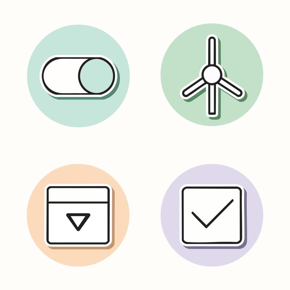 Pastel circular UI icon set, toggle switch, wind turbine, dropdown, checkbox vector