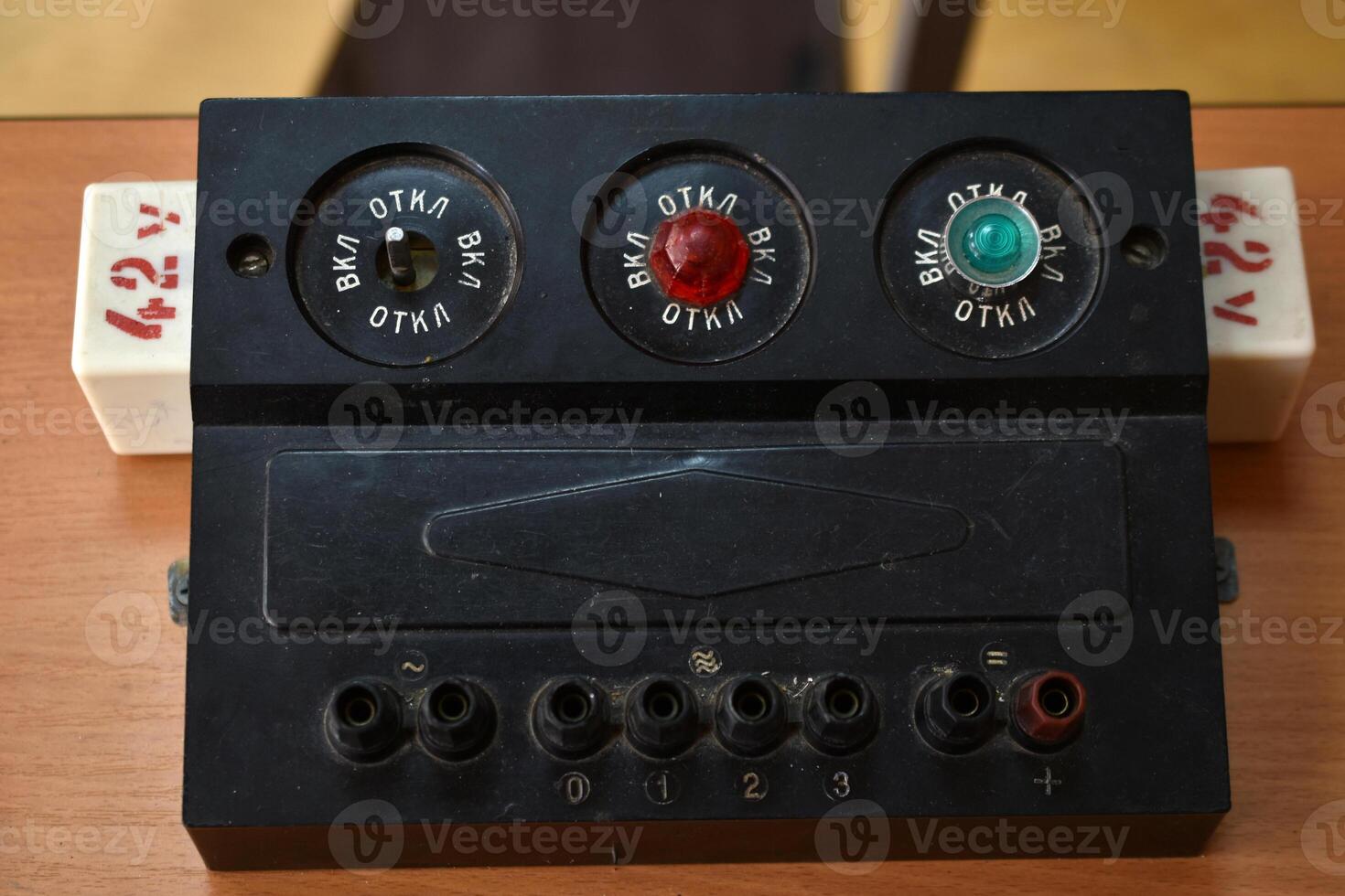 The school's power supply system. Electronic control panel with buttons and toggle switches. The old management system for training. photo