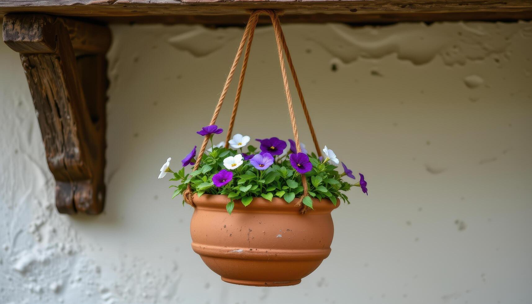 a rough clay planter filled with violets and suspended by three ropes in a triangular configuration under a weathered overhang. photo