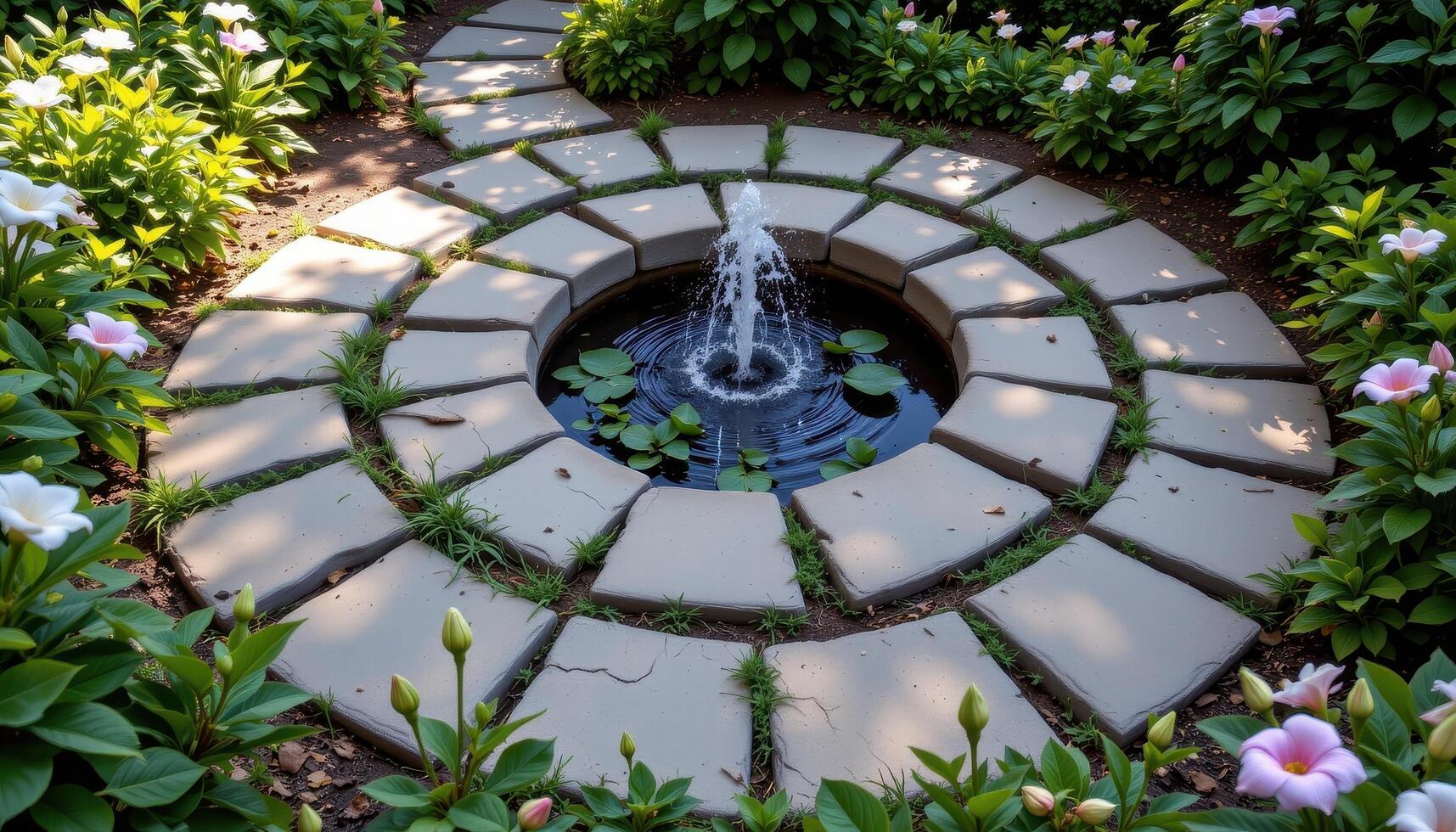a spiral stone path encircling a small water feature, with lush gardenias and lilies marking each loop. photo