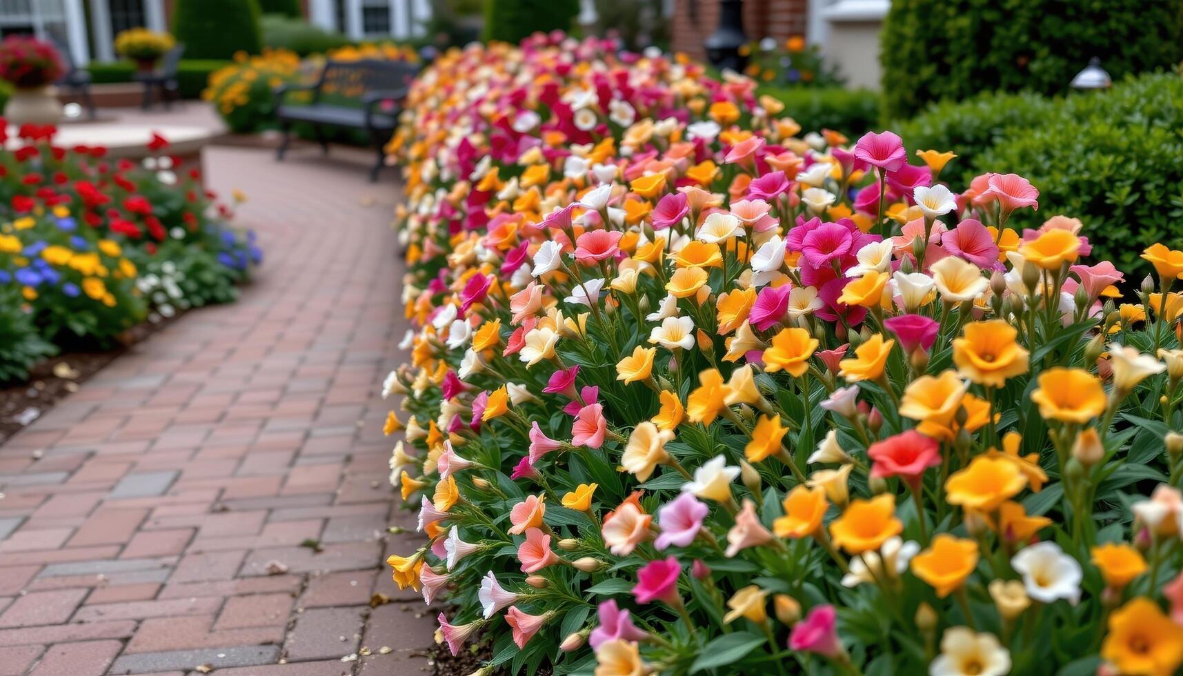 a brick paved garden alley enhanced with blooming snapdragons, each color arranged in a precise gradient pattern. photo