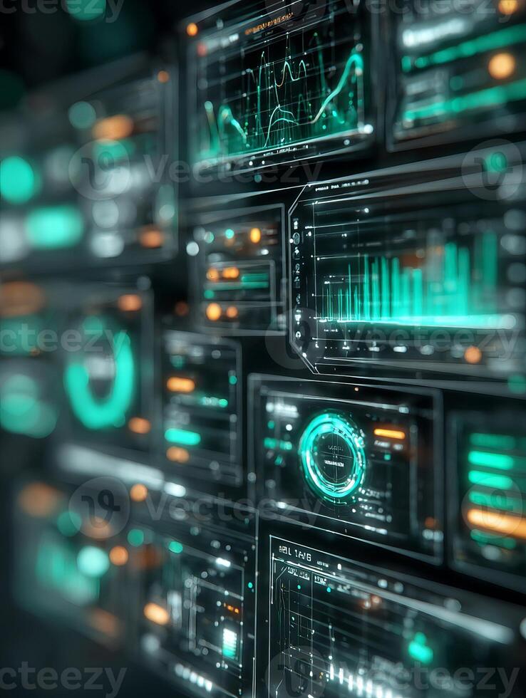Futuristic interface displaying complex data analysis and metrics in teal and orange photo