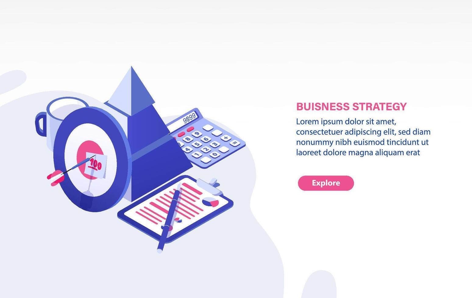 Web banner template with target and arrow, document, calculator and place for text. Business planning, strategy for project goal achievement, strategic development. Isometric illustration. vector