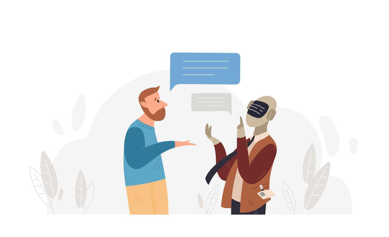 Bearded man speaking to robot isolated on white background. Conversation between guy and android. Concept of chatbot, talkbot, smartbot or interactive bot. Flat cartoon colorful illustration. vector