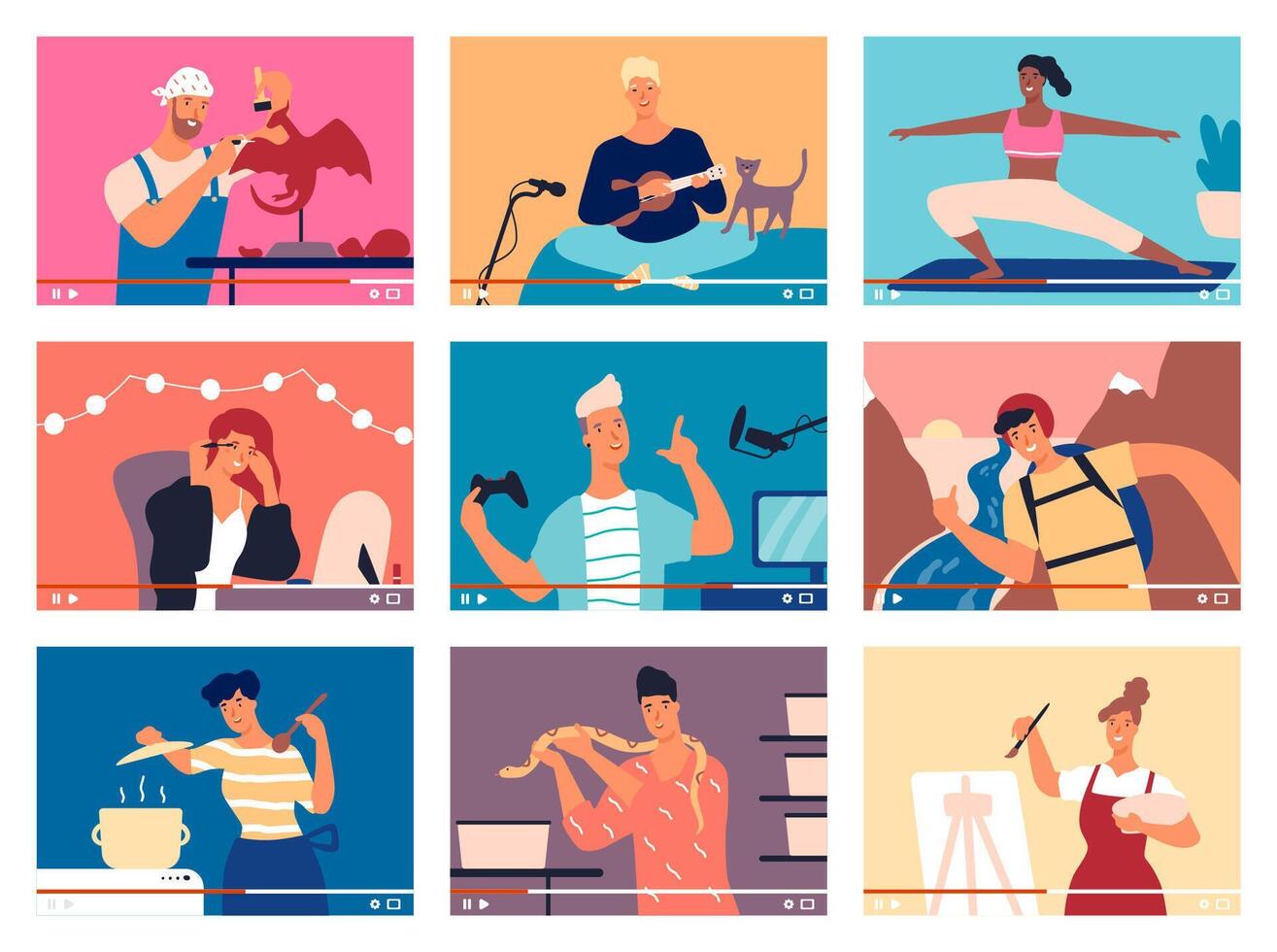 Video thumbnails of creative hobbies and activities vector