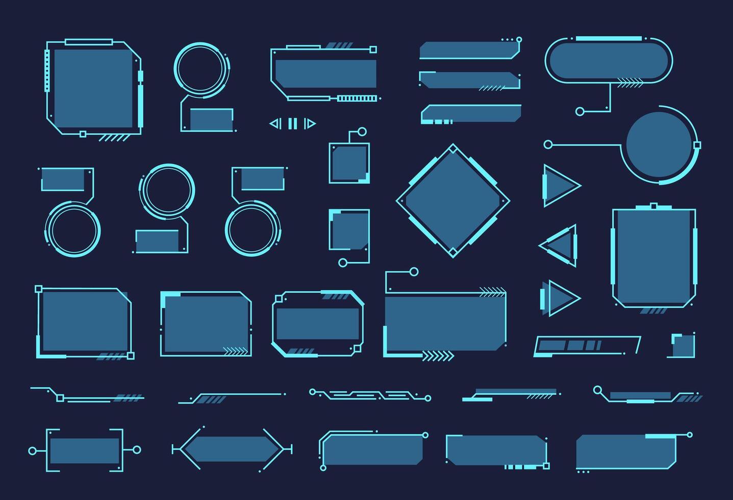 futurista interfaz elementos. ui rótulos títulos tecnología bar etiquetas, circular tableros de instrumentos, holográfico paneles, alto tecnología exploración líneas, juego ui gráfico caja, hud marcos conjunto vector