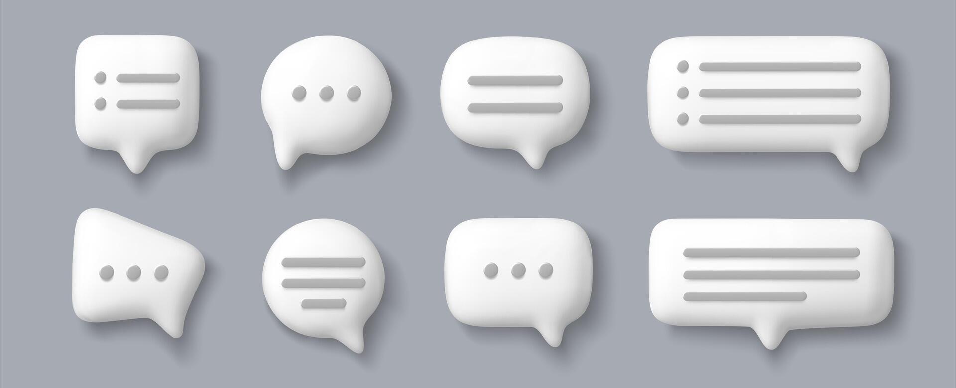 3D message speech bubble. Dialogue bubbles. Realistic rendered communication box elements. Online messenger talk comment balloons in various shapes. Social media chat. set vector