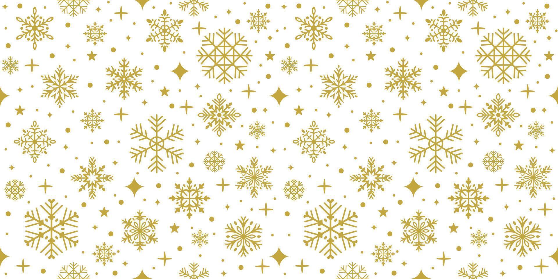 Christmas snowflake background. Winter holiday seamless pattern. Festive gold snowflakes, stars pattern with frosty charm. Repeating glitter, crystal snowflake elements. texture vector