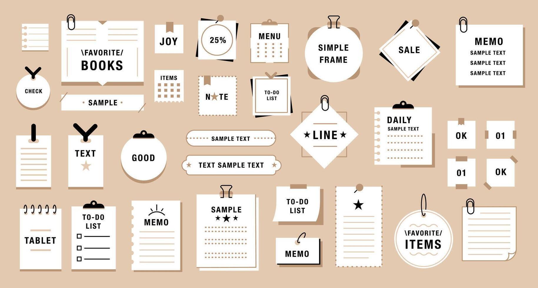 Simple note frames. Japanese style memos. Minimal stationery with layouts. Notebooks and memo papers, lined, grid, blank pages, memory stickers. Organization and writing set vector