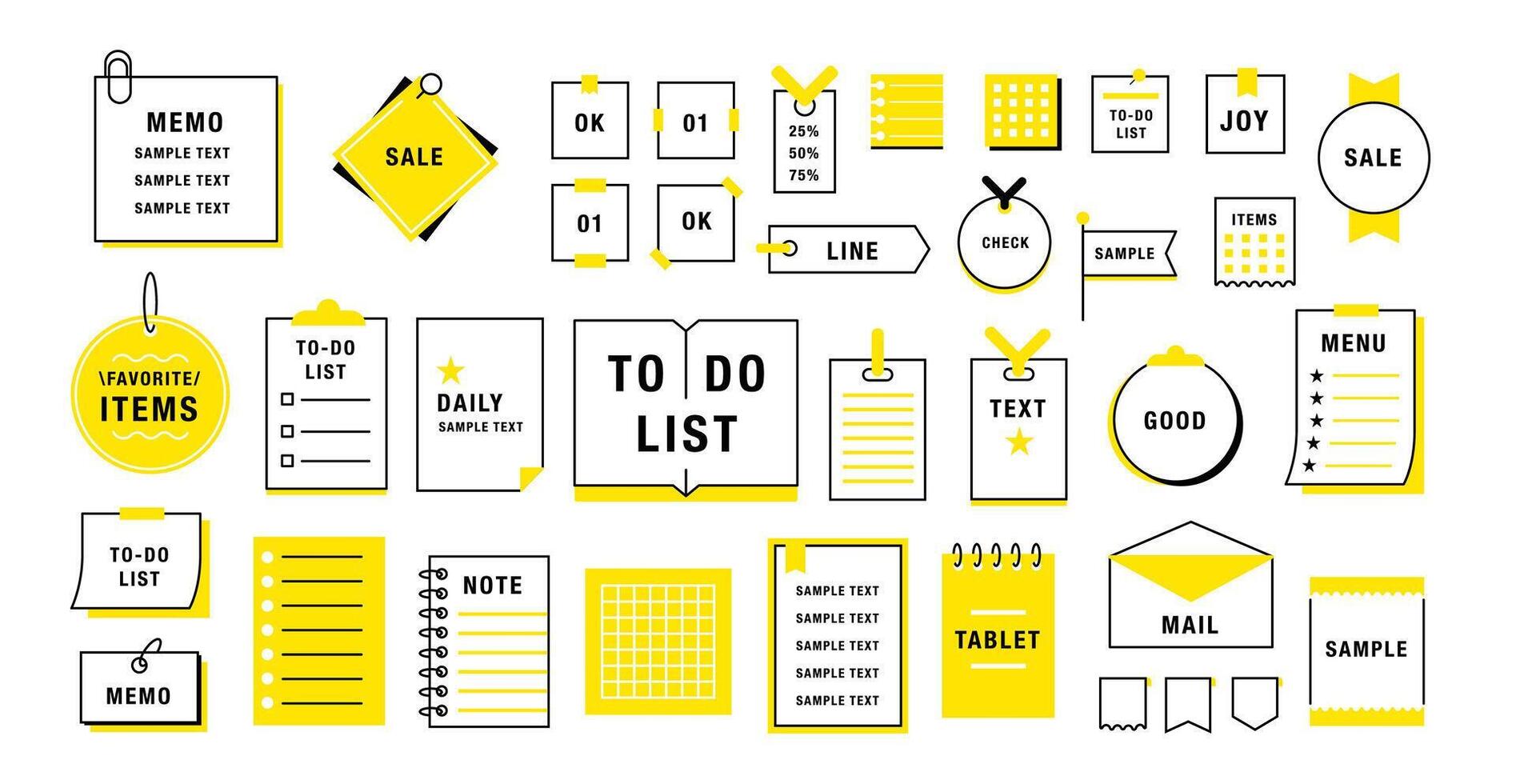 Simple notebook. Japanese style memos. Flat notice frame, decorative paper stationery, notepad. Sticky papers, memory stickers, notes, board sheets, pages. set vector