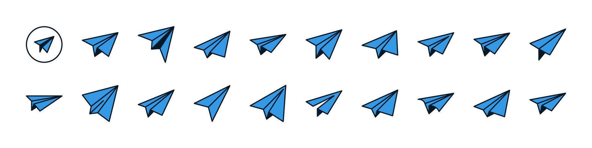 Set of Filled Color Icons of Blue Paper Airplane, Mail, Post. Minimalistic Linear Pictogram for Web and Graphic Design, Apps, Banners, Social Network and Cards vector