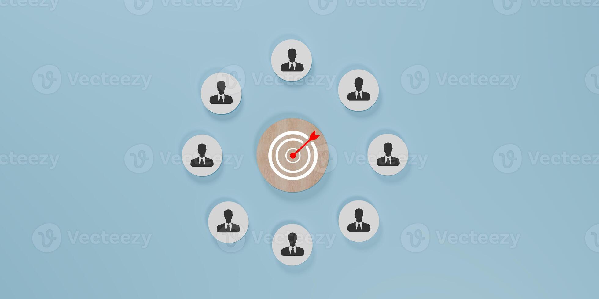 3D render of a circle shaped white cube network with person icons and red target icons in the center, symbolizing social networking, audience targeting, business goals, leadership and strategic focus. photo