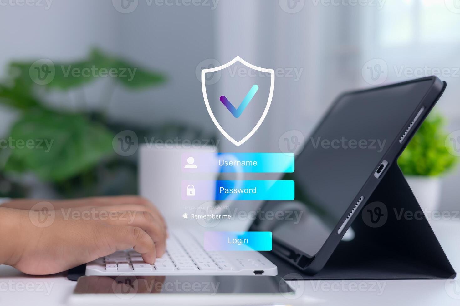 Person logging into secure system on digital tablet with shield and checkmark icon, representing cybersecurity, data protection, and confidential access in modern business technology. photo
