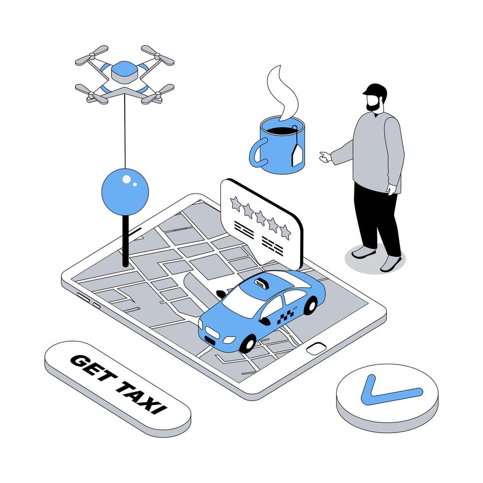 Taxi service 3d isometric concept with isometry people design for web. Man ordering car cab from mobile phone app, using automobile transfer in city, tracking route in online map. illustration vector
