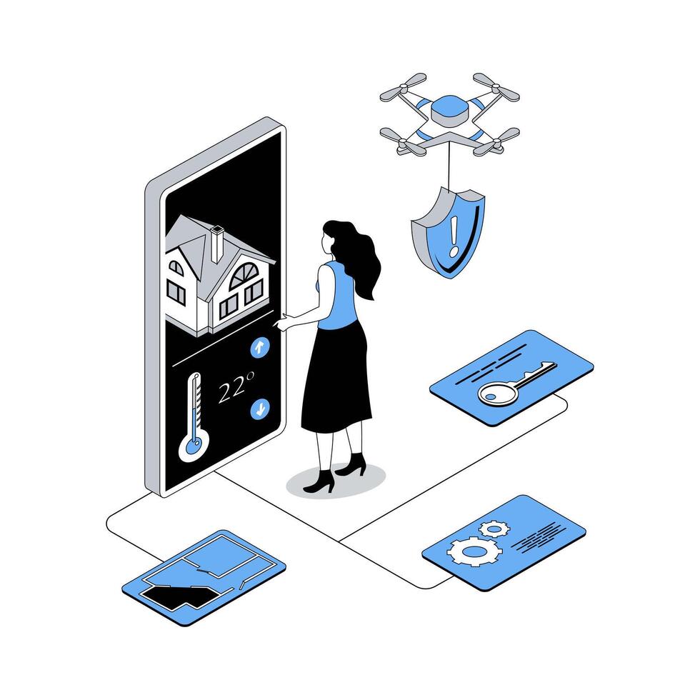 Smart home 3d isometric concept with isometry people design for web. Woman using automation sensor system of house monitoring, wireless remote connection from mobile phone app. illustration vector