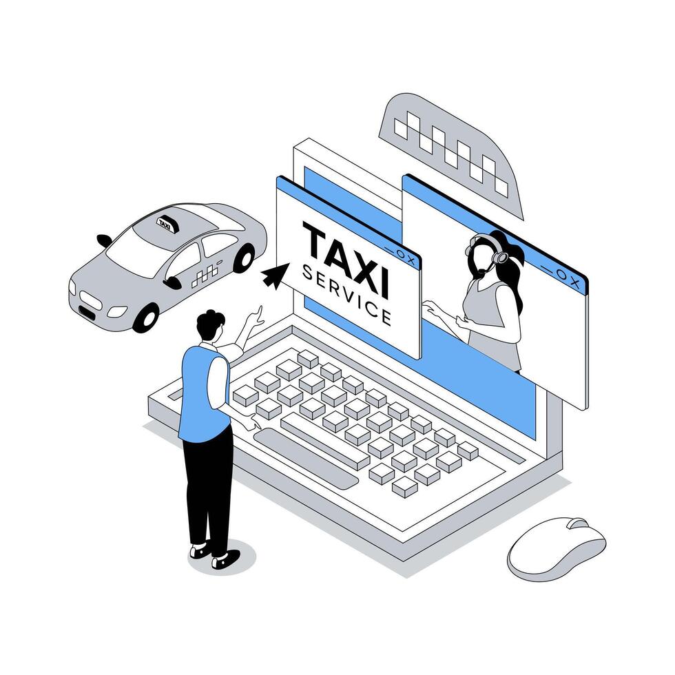 Taxi service 3d isometric concept with isometry people design for web. Man talking with operator by and ordering car cab from laptop, using automobile transfer in city. illustration vector