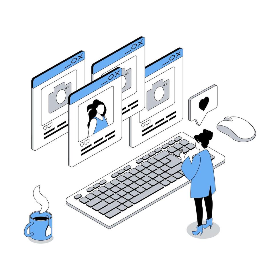 Social network 3d isometric concept with isometry people design for web. Woman watching online blog of influencer with new posts and photos, leaving comments and likes, following. illustration vector