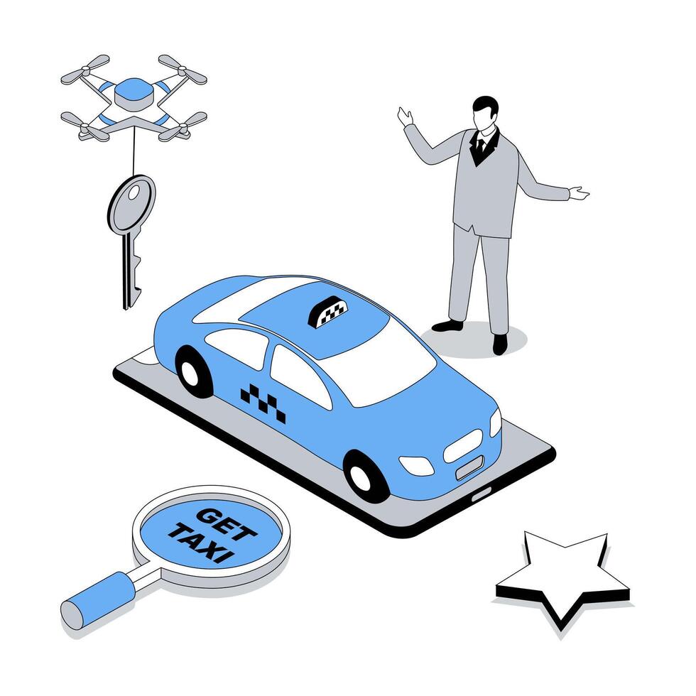 Taxi service 3d isometric concept with isometry people design for web. Man finding automobile transfer in city and ordering car cab with best rating driver from mobile app or call. illustration vector