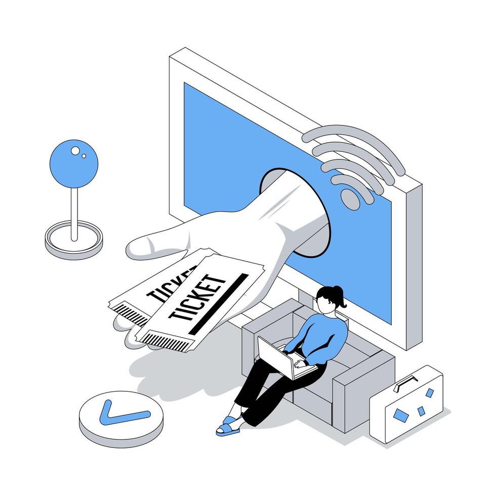 Travelling 3d isometric concept with isometry people design for web. Woman planning summer vacation, booking flight tickets online with passport, making reservation at computer. illustration vector