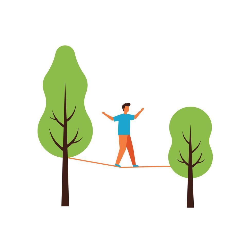 Man walking on a rope between two trees vector