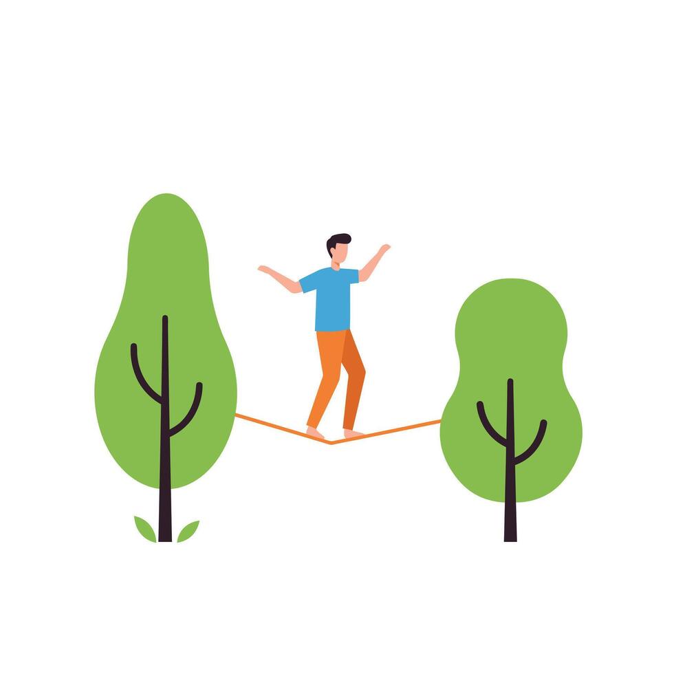Man balancing on a rope between two trees vector