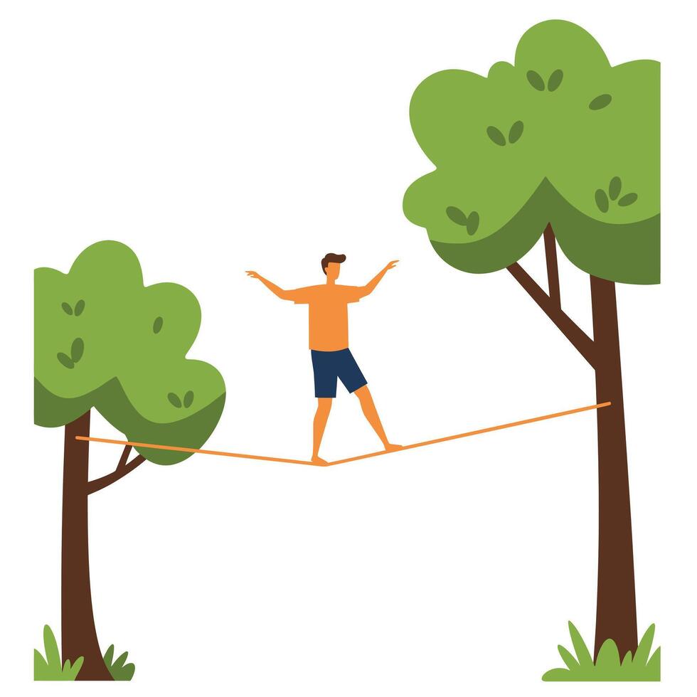 Man balancing on rope between trees vector