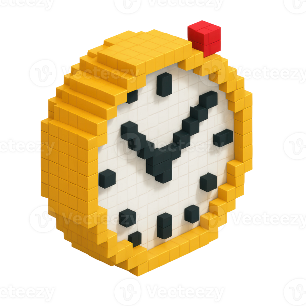 A vibrant yellow pixel art alarm clock with a red button, designed in a voxel style. Ideal for digital design, time management concepts, or retro gaming themes. png