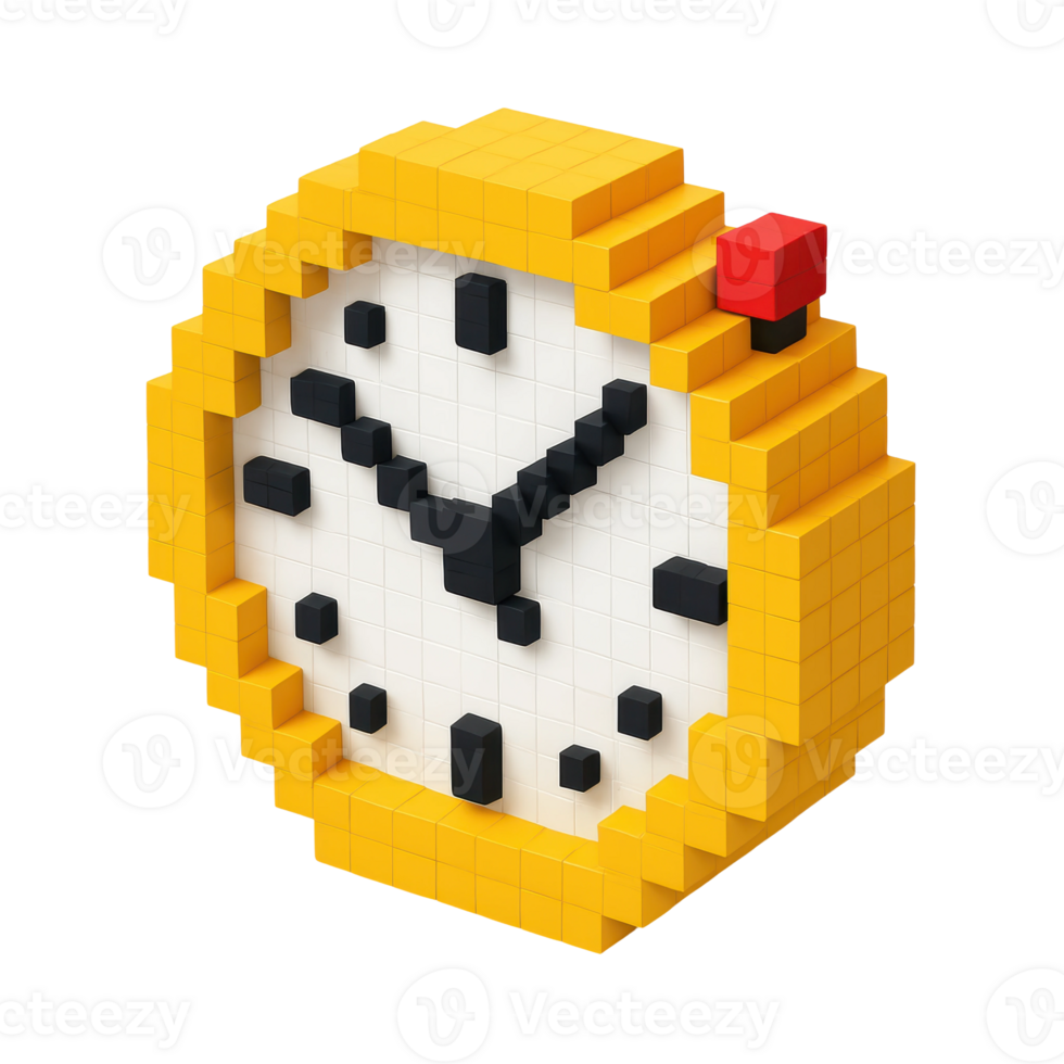 A yellow pixel art alarm clock with a red button, black hands, and a white face, designed in a retro 8 bit digital style. png