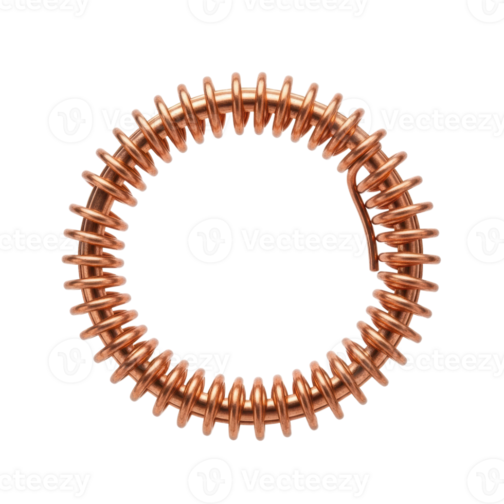 A close up view of a shiny copper wire coil, forming a circular inductor. This electrical component is essential for various electronic and physics applications. png
