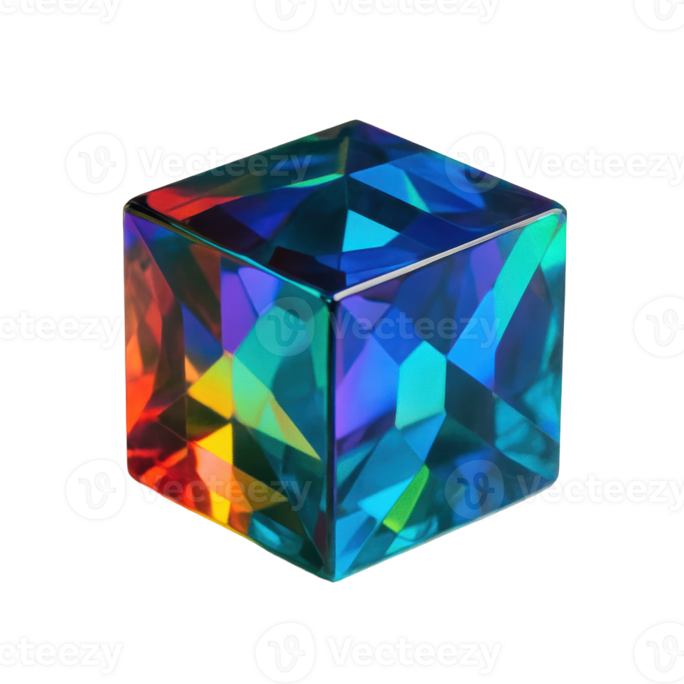 A mesmerizing dichroic crystal cube refracts light, displaying a vibrant spectrum of iridescent colors. Perfect for abstract art or technology concepts. png