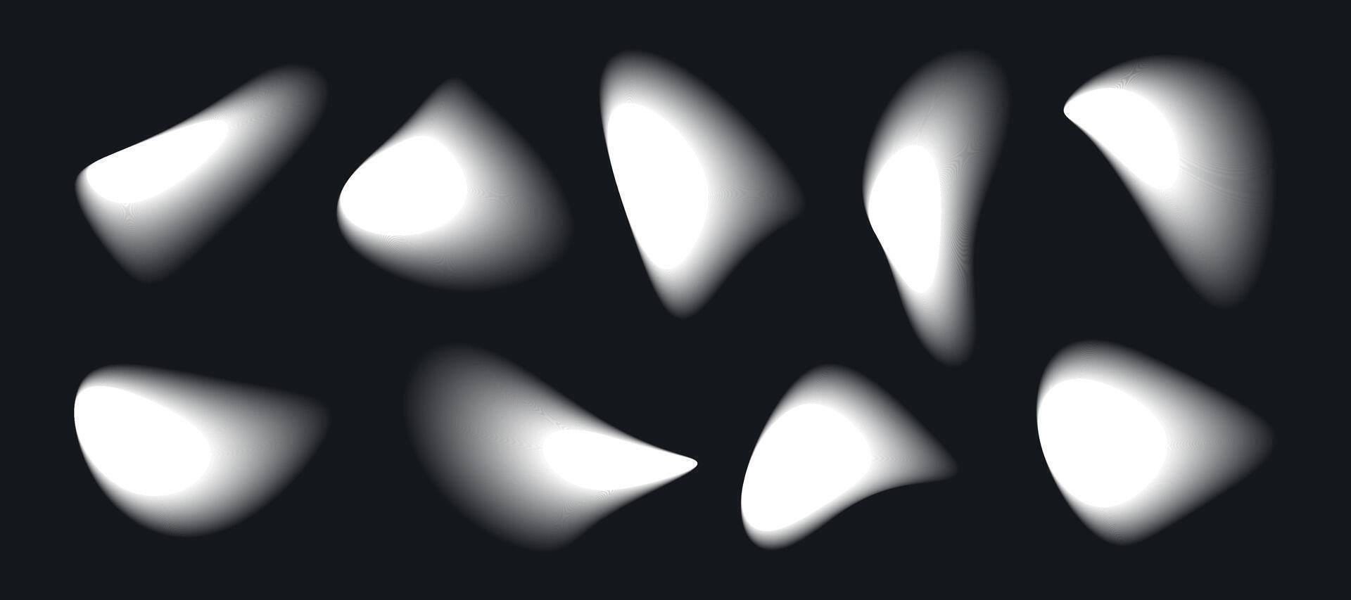 Several blurry, white, liquid-like forms appear to be floating in a dark space. They are illuminated and soft, creating a sense of movement and mystery. vector