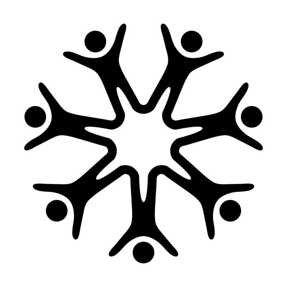 Collaborative Unity Symbol Illustration. A circular pattern formed by multiple human figures reaching out with their arms, symbolizing unity, teamwork and collaboration. vector