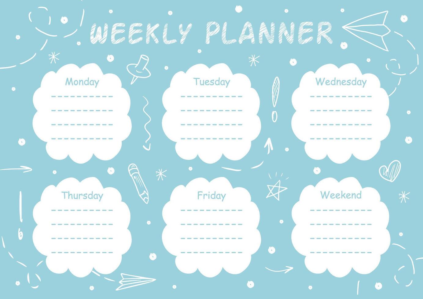 A weekly planner with doodle-style school illustrations and space for text. Back to school. A template for notes, class schedules, to-do lists, and diaries. Office supplies. vector