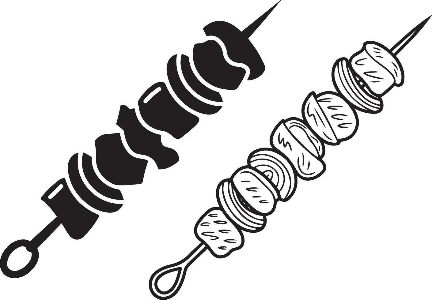 Two meat and vegetable kebabs on skewers, one with meat and vegetables, the other with vegetables, isolated on white background vector