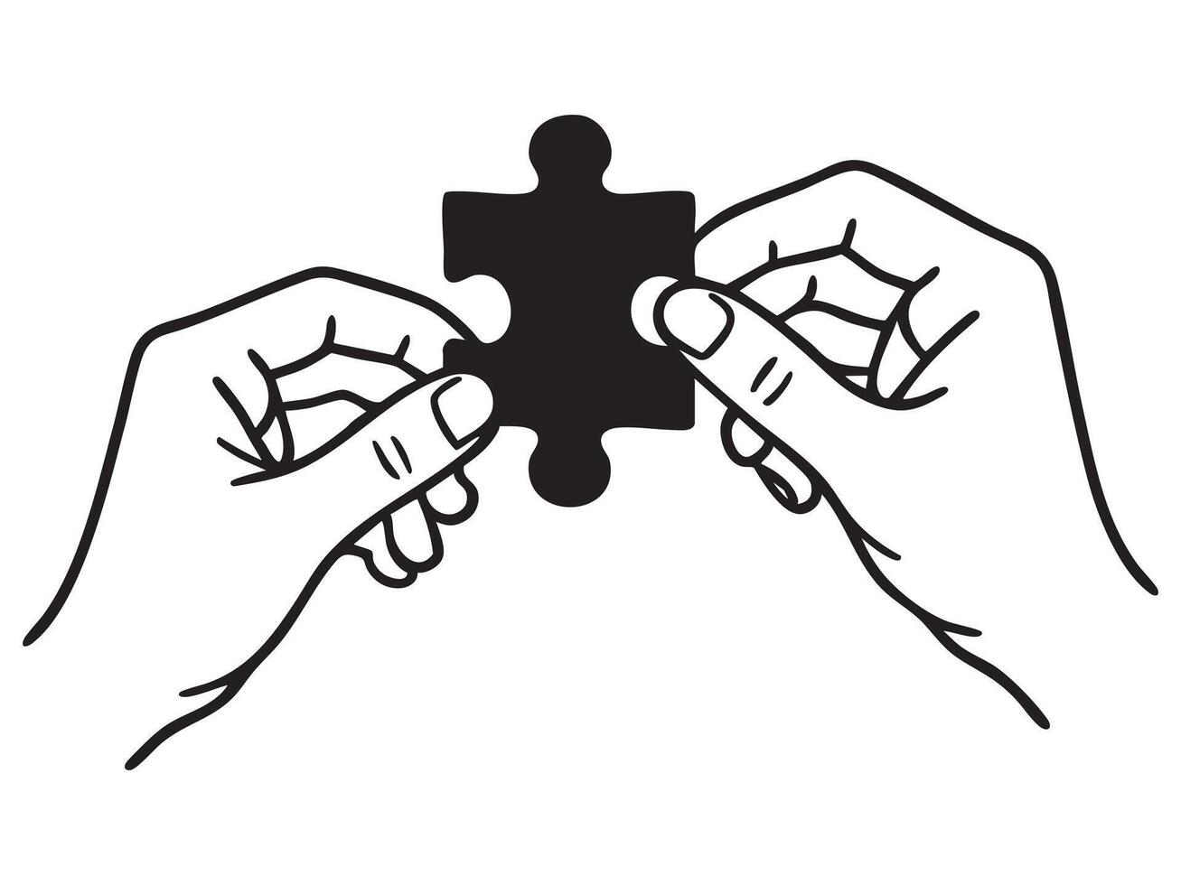 Black silhouette of hands holding a puzzle piece, isolated on white background. concept of problem solving, teamwork, game, strategy, icon, logo, design element vector