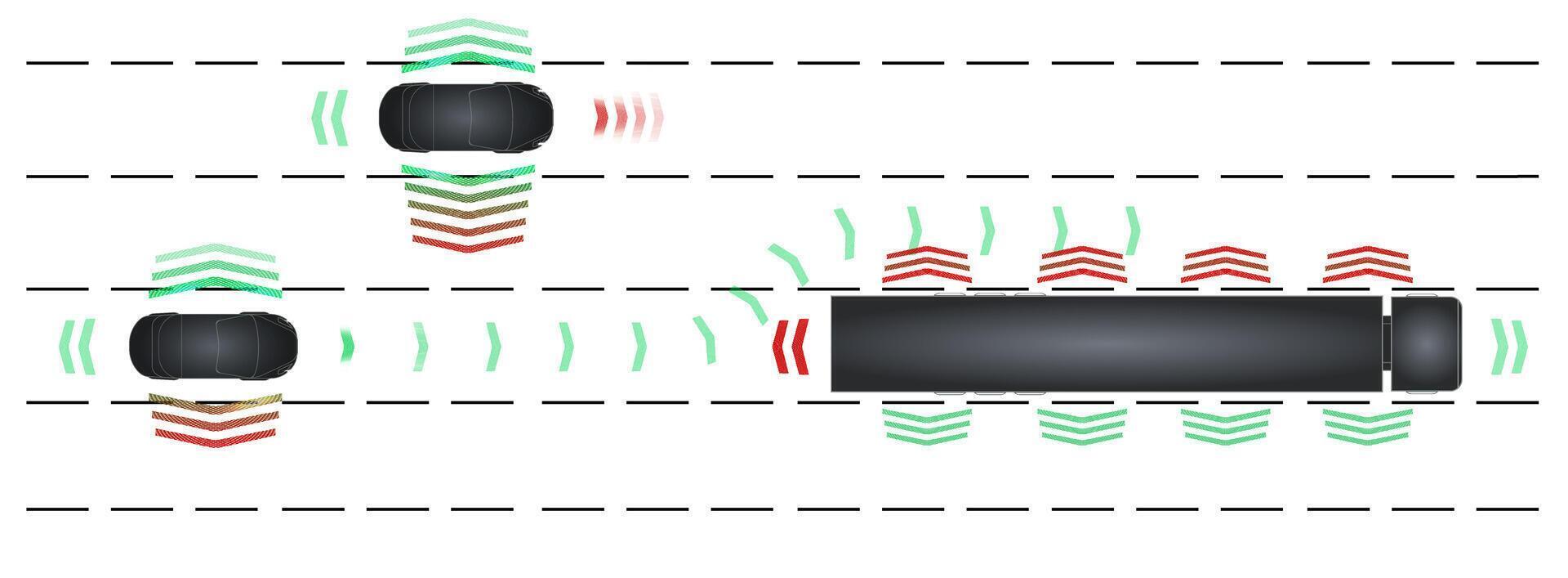 Two vehicles engage advanced sensor technology to aid in parallel parking on a busy road. The left car scans for nearby obstacles while signaling intent vector