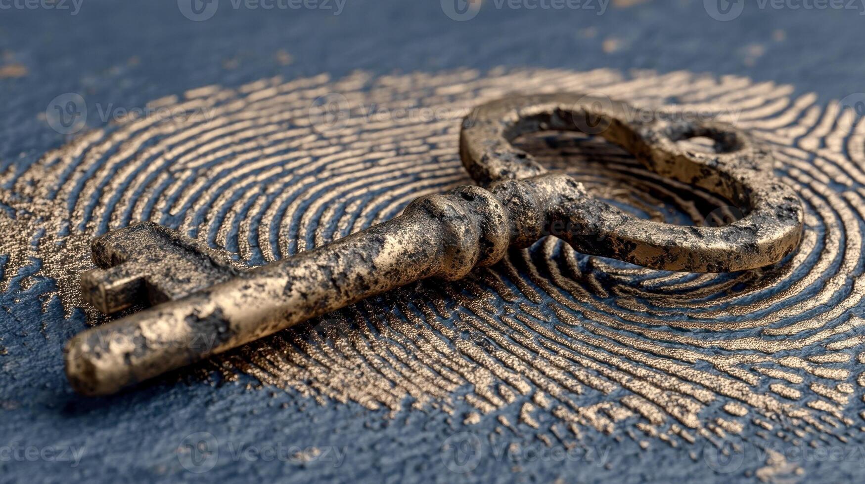 Antique metal key lying on a textured golden fingerprint pattern, symbolizing security, identity, and access photo