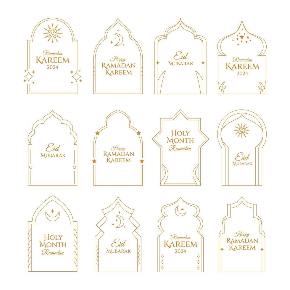 Set of Modern Minimalist Aesthetic linear frames for ramadan kareem greeting card collection, islamic border frame. trendy linear frames with stars, arch frames, geometric forms boho style. vector