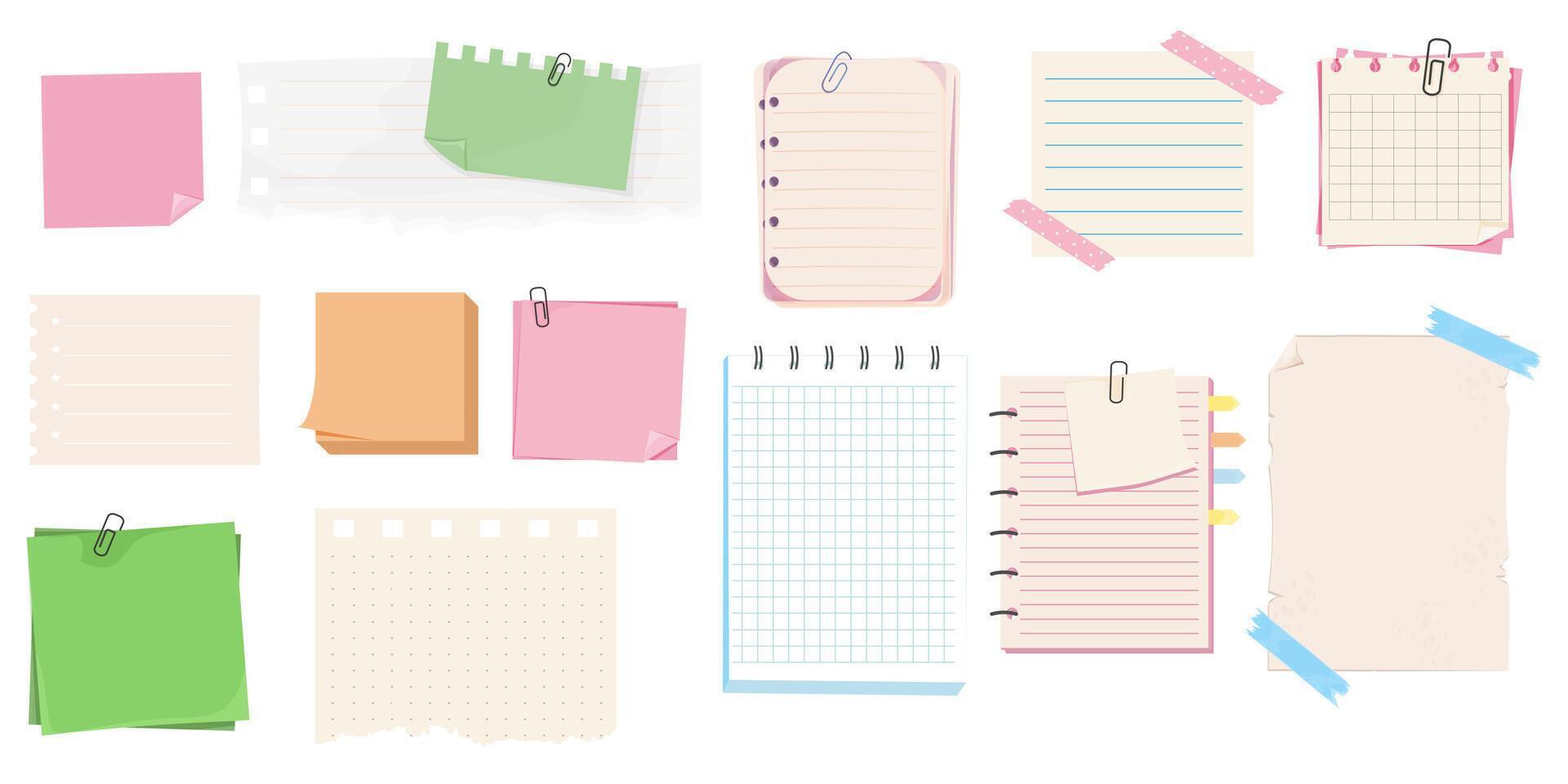 Different note papers, memo pages with paper clip and adhesive tape. Set sticky remind blanks, sheets, stickers. Checklist ripped torn edge paper vector