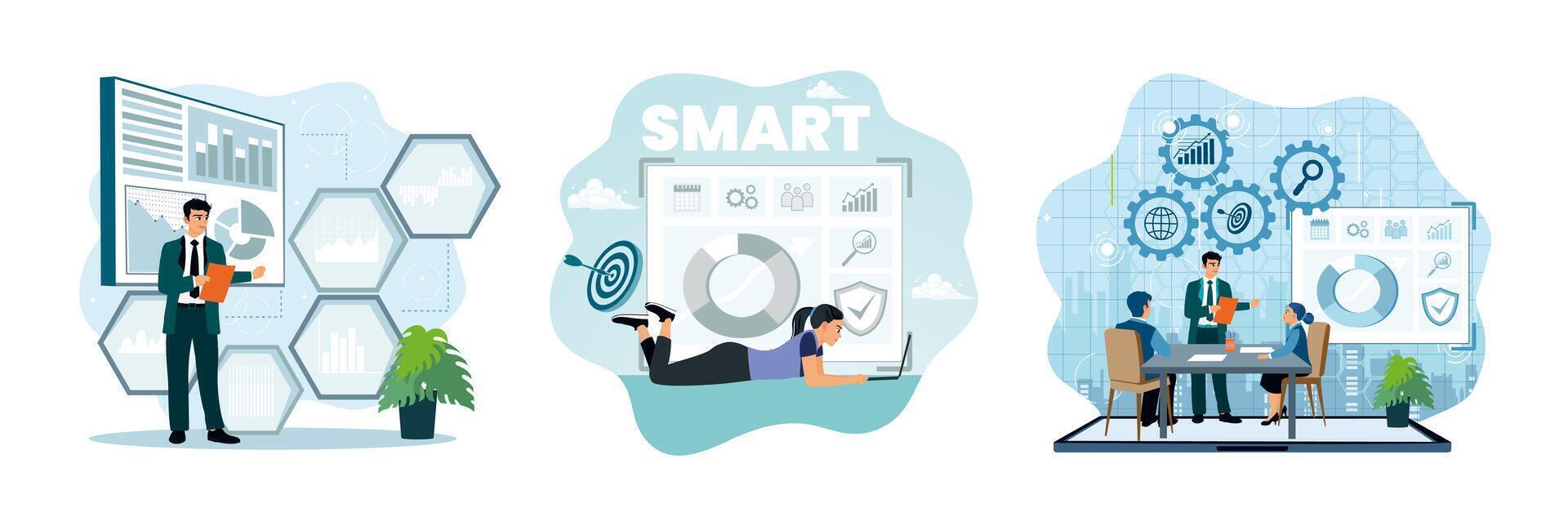 Business strategies and data analysis illustrations vector