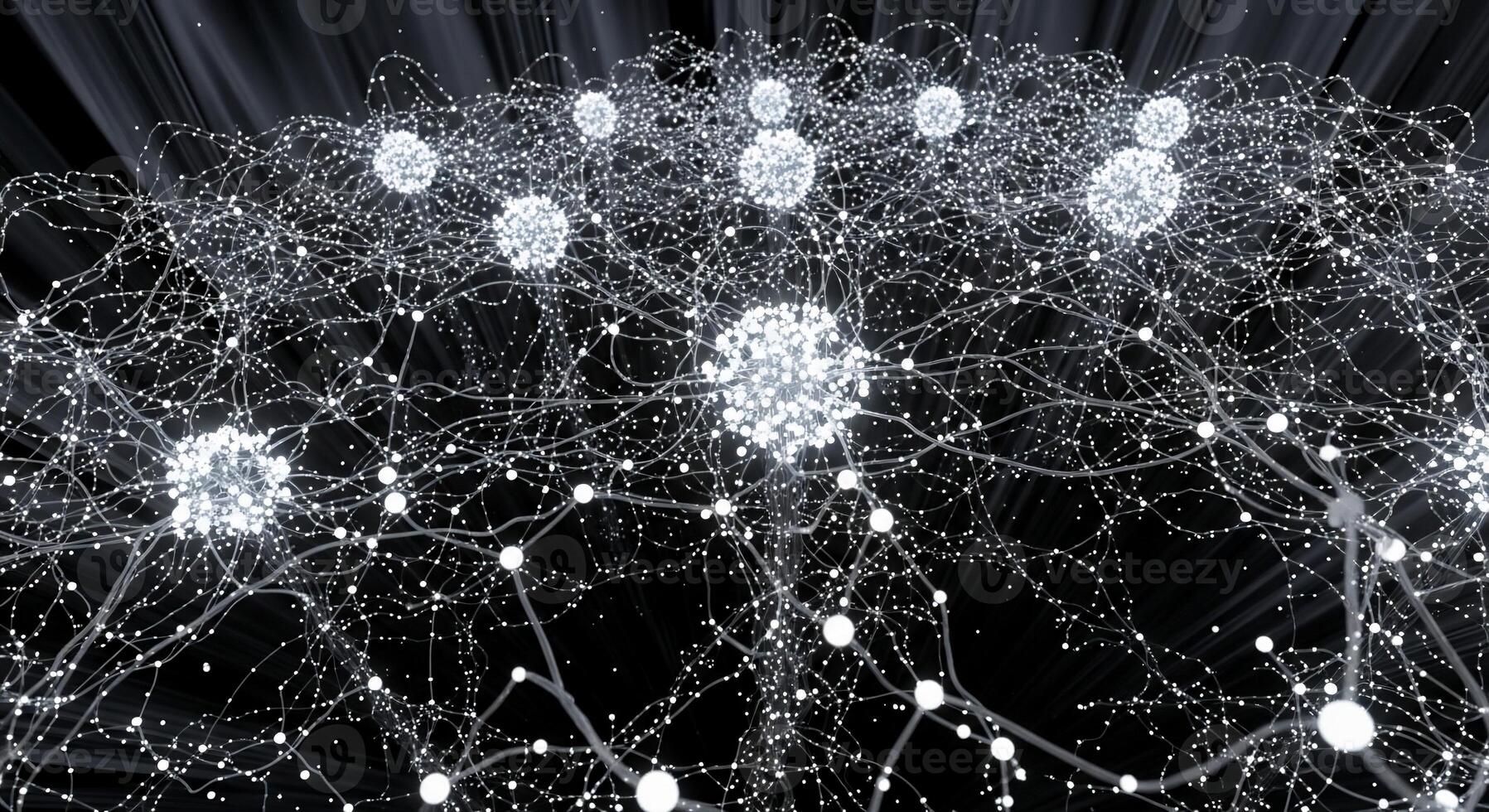 Abstract network of glowing white nodes and interconnected lines on a dark background photo