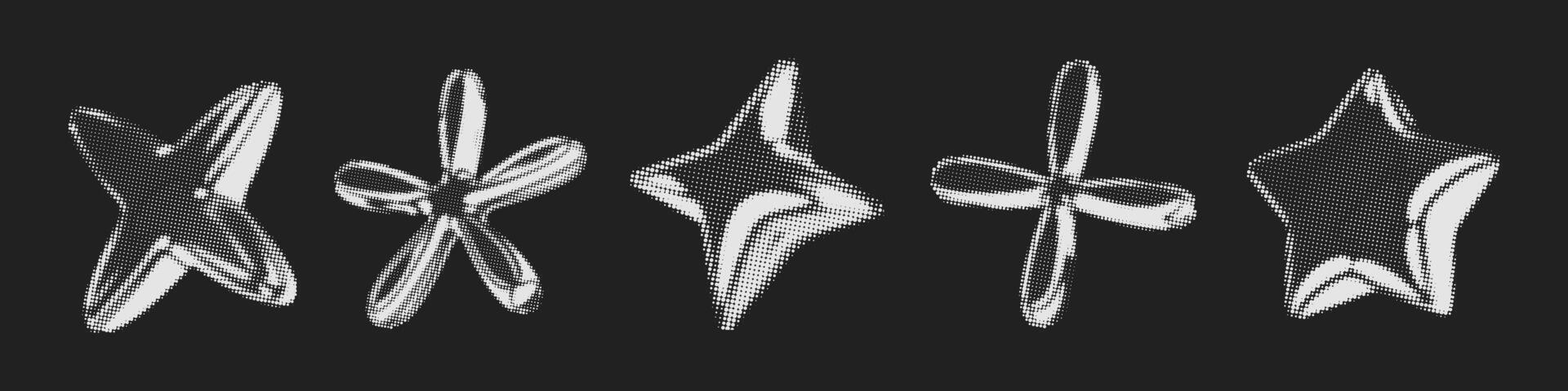 Y2k 3d chrome halftone star shape retro abstract elements illustration set. vector