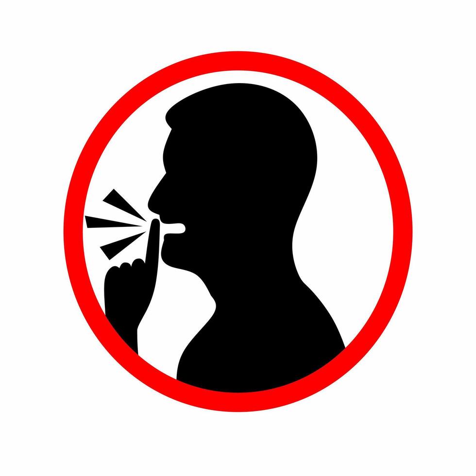 A illustration of a man's head making a shhh gesture, showing his face with his mouth open and his hands. The Please be quiet concept is marked with a red circle. vector