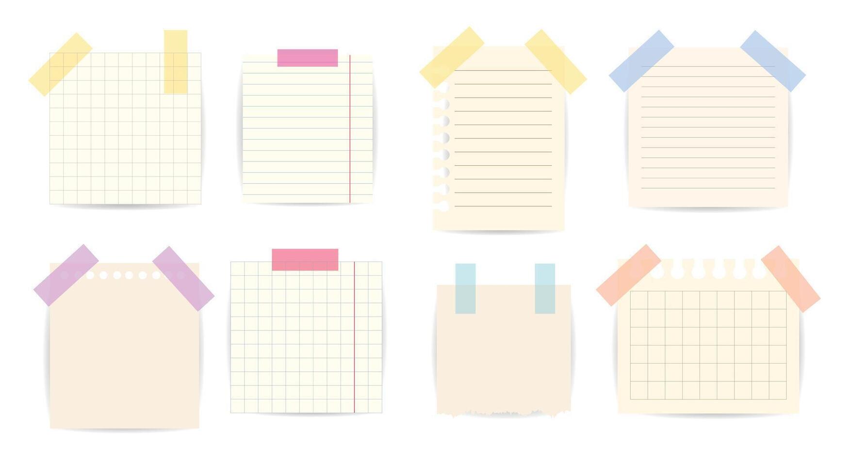 Set of different note papers. Templates for note message. Collection of notebook pages with lined and grid designs and stickers. vector