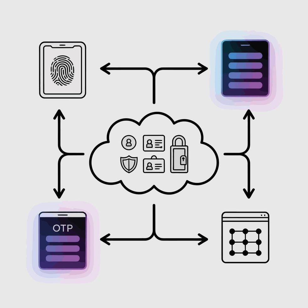 Multi Factor Authentication System Diagram Showing Biometric Fingerprint Scan O T P Password Grid Pattern Smartphone Cloud Server Connections Illustrated with Line Art and vector