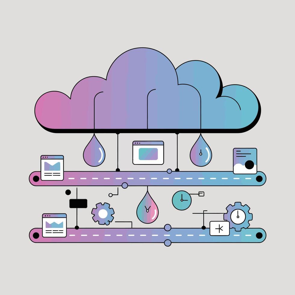 Pastel Pink and Blue Gradient Cloud Computing Data Flow Diagram Featuring Web Browser Icons Gears Clocks Water Drop Symbols Connected Lines Abstract Network Illustration vector