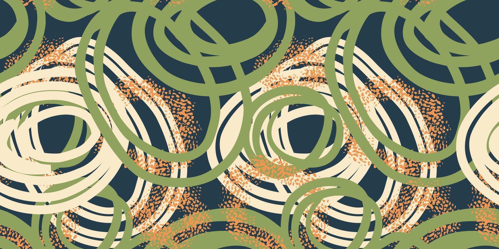 Seamless pattern with abstract hand drawn circles in green tones. Dynamic, energetic brush strokes create a modern artistic design, perfect for textiles, packaging, wallpapers, and branding vector