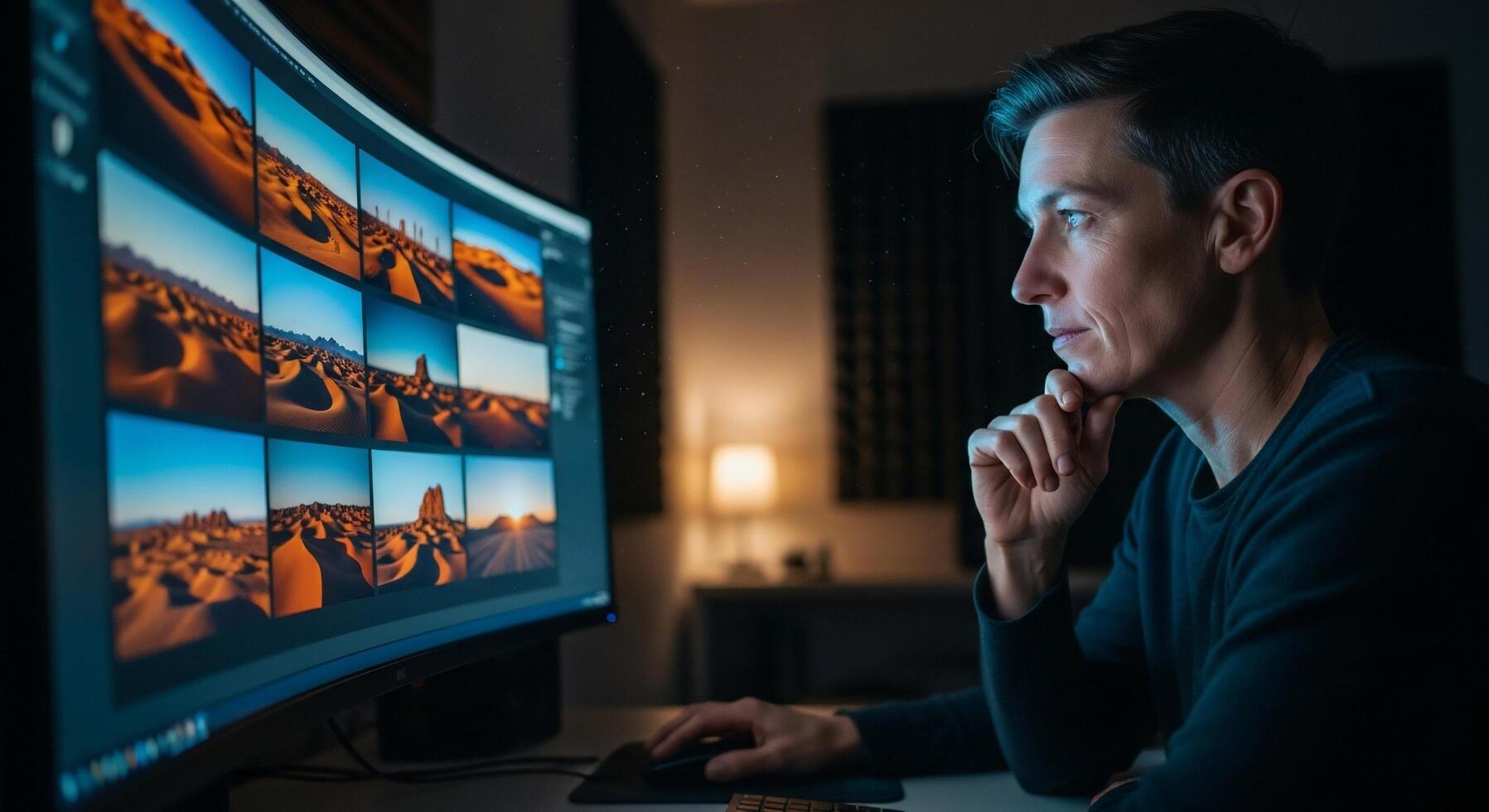 A man is looking at a computer screen with multiple images photo