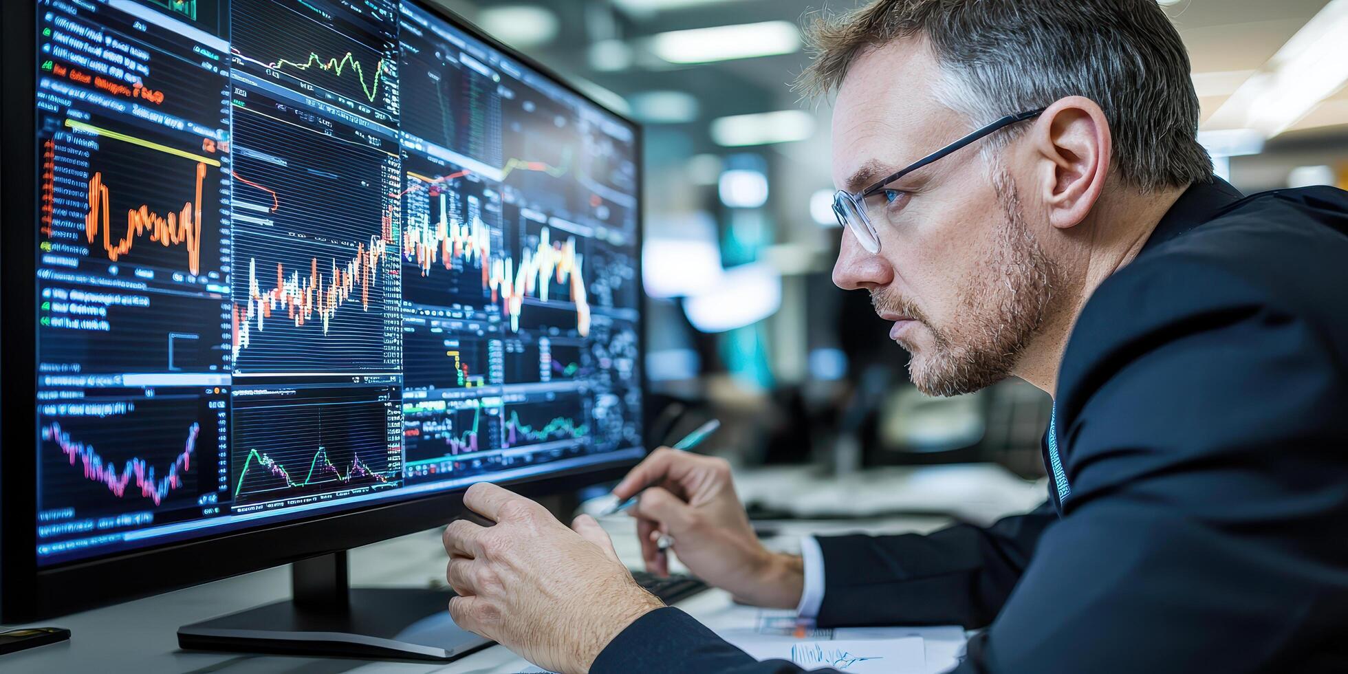 Stock trader analyzing financial market data monitor screen photo